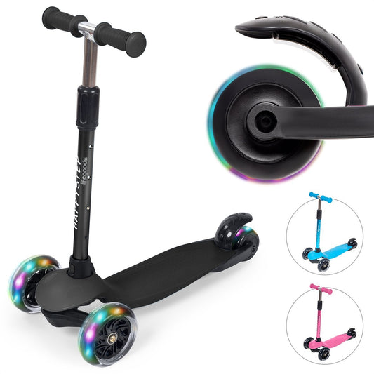 LifeGoods HappyStep Kinder-Roller Höhenverstellbar Alter 2-5 Jahre 3 leuchtende Räder Schwarz
