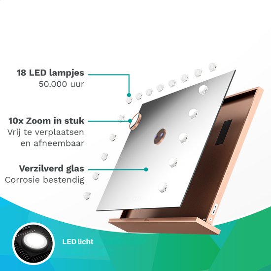 Mirlux Hollywood Mirror 80x60CM - 2 Bluetooth-Lautsprecher - USB & USB-C Ladeanschlüsse - LED-Beleuchtung - Schminkspiegel - 10x Zoom - Aufhängbar - Rose Gold