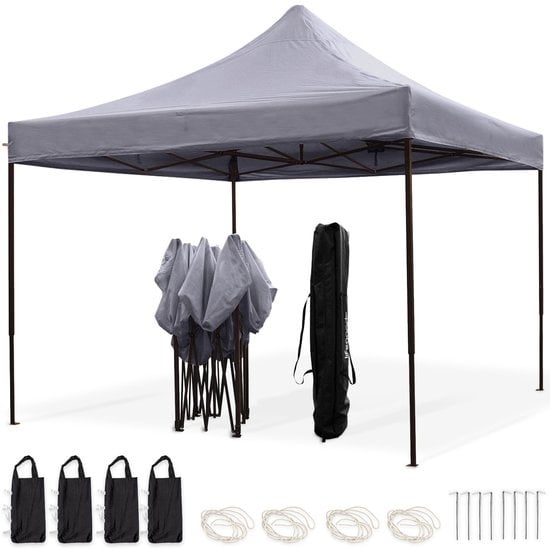 LifeGoods Partyzelt - Pavillon - 3x3 m - Einfacher Aufbau - Zusammenklappbar - Wasserdicht - Tragetasche mit Rädern - Dunkelgrau