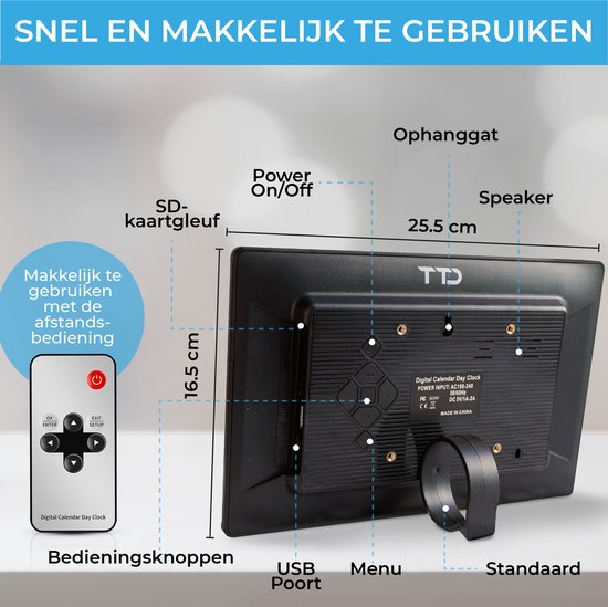 TTD® Demenz-Uhr XXL 10 Zoll mit extra langem Kabel - Kalenderuhr mit Tag, Datum & Wetter - Analog- & Digitalanzeige - 20 Alarme und 3 Medikamentenalarme - Wi-Fi - Für ältere Menschen, Sehbehinderte, Senioren und Alzheimer - Automatische Zeitsynchronisatio