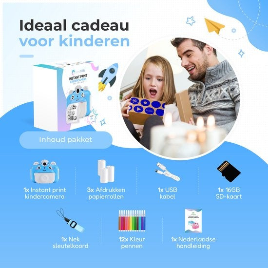 AyeKids Sofortbildkamera für Kinder - Mini-Thermodrucker - Fotodrucker - Inklusive 3 Rollen & 12 Farbmarker - Blau
