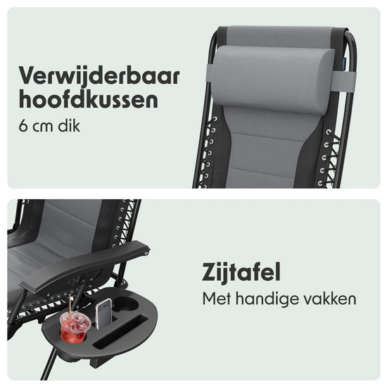 LifeGoods Liegestühle Komfort - klappbar - 30°-90° verstellbar - Tassen- und Telefonhalter - Gartenstühle - Schwarz/Grau