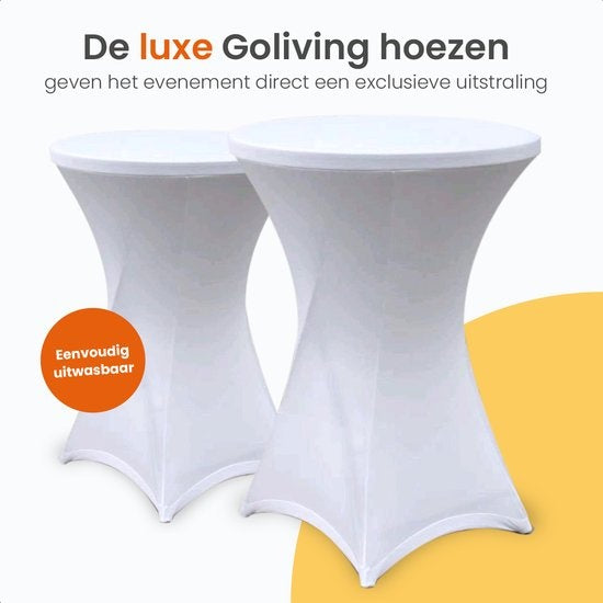 Goliving Bartisch - Inklusive Tischabdeckung - Tischschürze - Zusammenklappbar - Stabiler Partytisch - Für den Innen- und Außenbereich - Belastbarkeit 50kg - Ã˜80 x 110 cm - 8,5 kg - Weiß