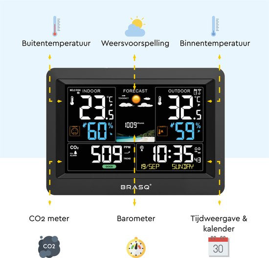 BRASQ Kabellose Wetterstation für Innen und Außen mit CO2-Messer - Hygrometer - Mit Außensensor bis zu 60 Meter - Luftfeuchtigkeitsmesser - Thermometer - Barometer - inklusive Batterien