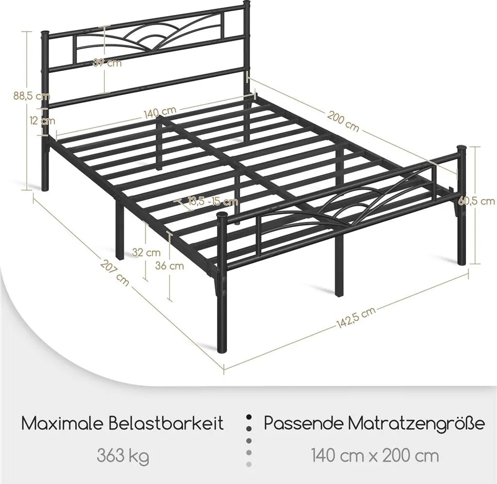 Yaheetech Metallbettgestell 140 x 200 cm – Schwarz – Doppelbett mit Kopfteil im Wolkenmuster