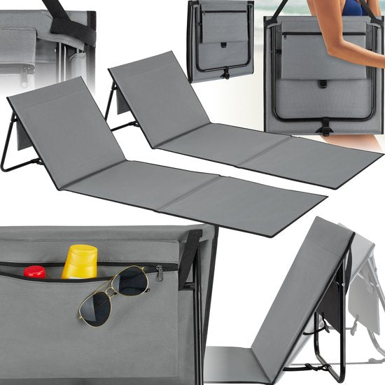 tectake Strandmatte - Set aus 2 faltbaren Liegematten mit verstellbarer Rückenlehne, Tragegurt und Staufach - Ideal für Strand, Camping oder Garten - Leicht und pflegeleicht - Grau