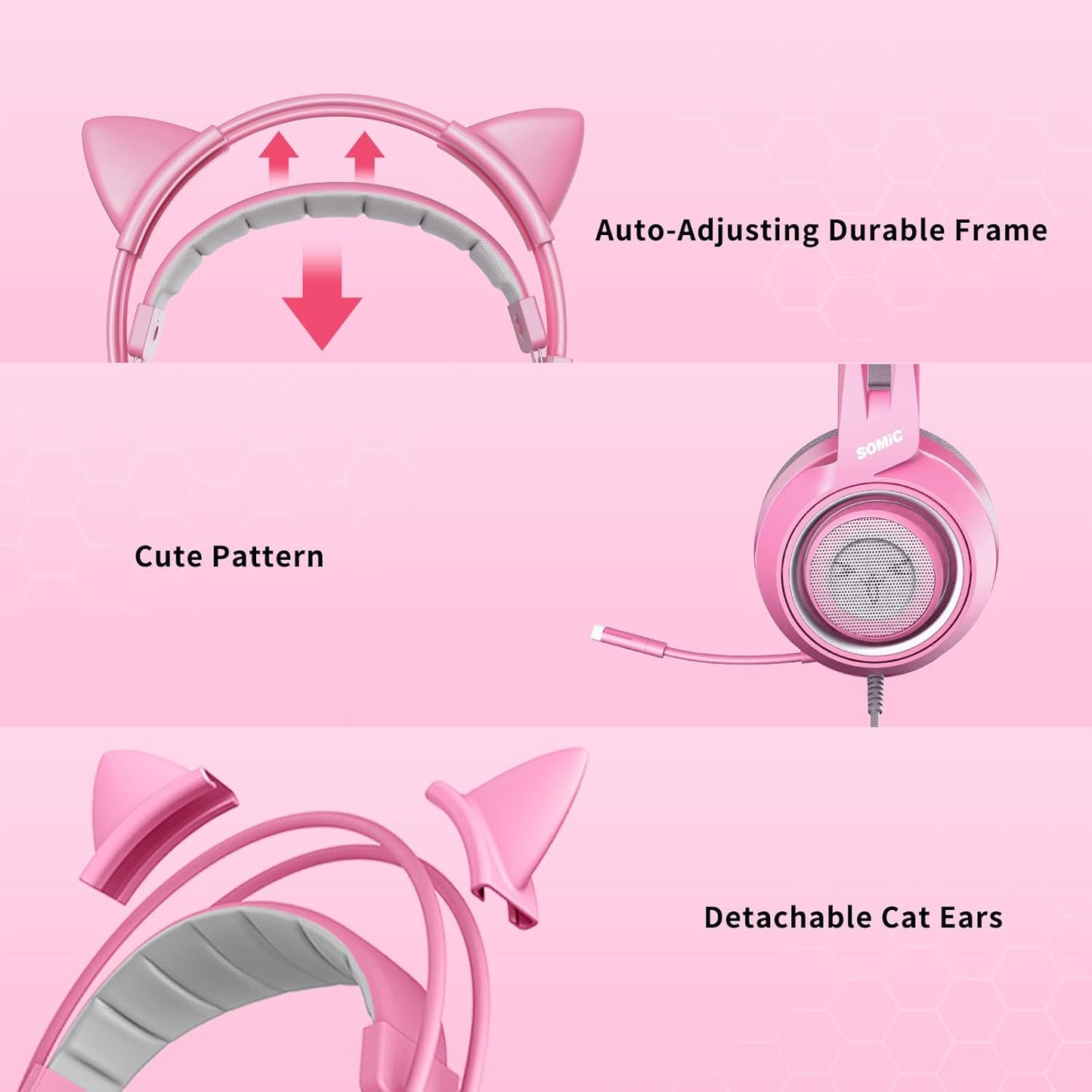 Somic G951 - PS4 PS5 7.1 Surround - Pink Cat Ear Noise Cancelling Kopfhörer - 3.5Mm Stecker - Mädchen - Kinder - Gaming Headset mit Mikrofon für Telefon/Laptop