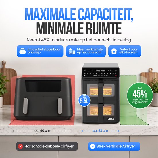 Strex Airfryer mit zwei Körben, 11 l, XXL-Heißluftfritteuse, 2500 W – Airfryer mit 2 Körben – Dual Basket – 13 Kochprogramme – Große vertikale Airfryer für die ganze Familie