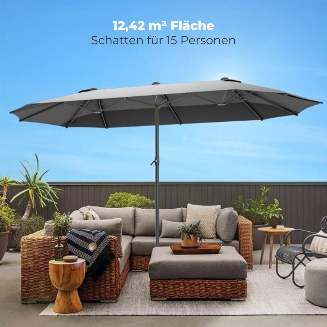 LifeGoods Doppelter Sonnenschirm - 270x460cm - Bis zu 15 Personen - Wasserdicht - Mit Bezug - Dunkelgrau