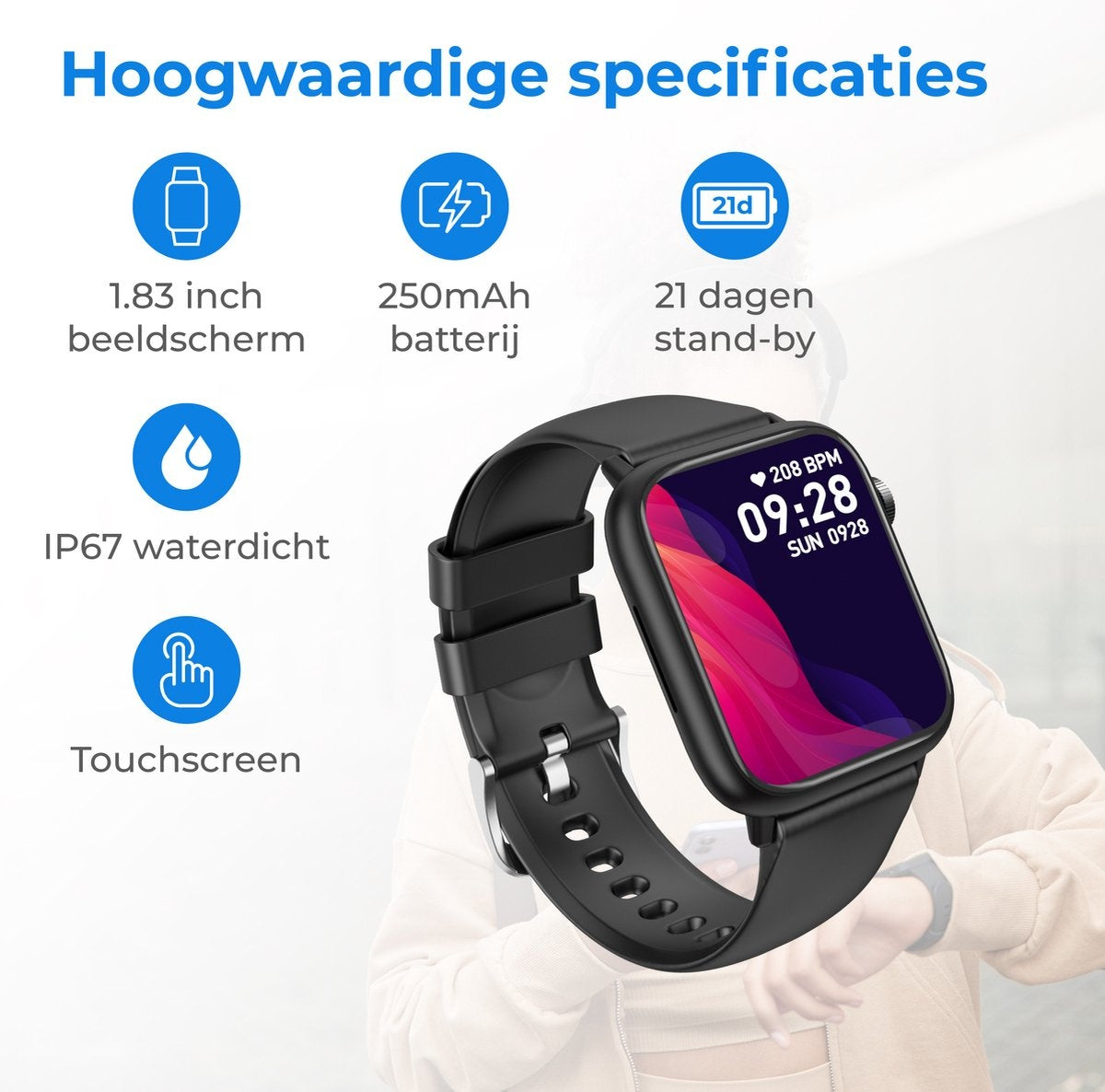 Nuvance Smartwatch Männer & Frauen - 45mm - Für iOS & Android - Schrittzähler und Herzfrequenzmesser - Wasserdicht - Schwarz