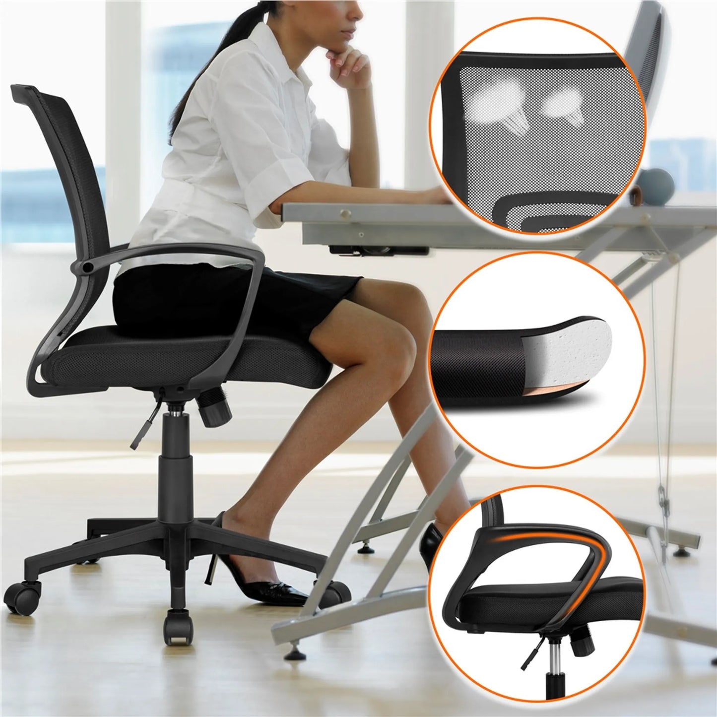 Yaheetech Bürostuhl Ergonomisch - Features Atmungsaktive Mesh-Gewebe und Rocking-Funktion und verstellbare Sitzhöhe - für Büro und Studie - Schwarz Nylon und Metall - 60 x 60 x 91-100,5 cm