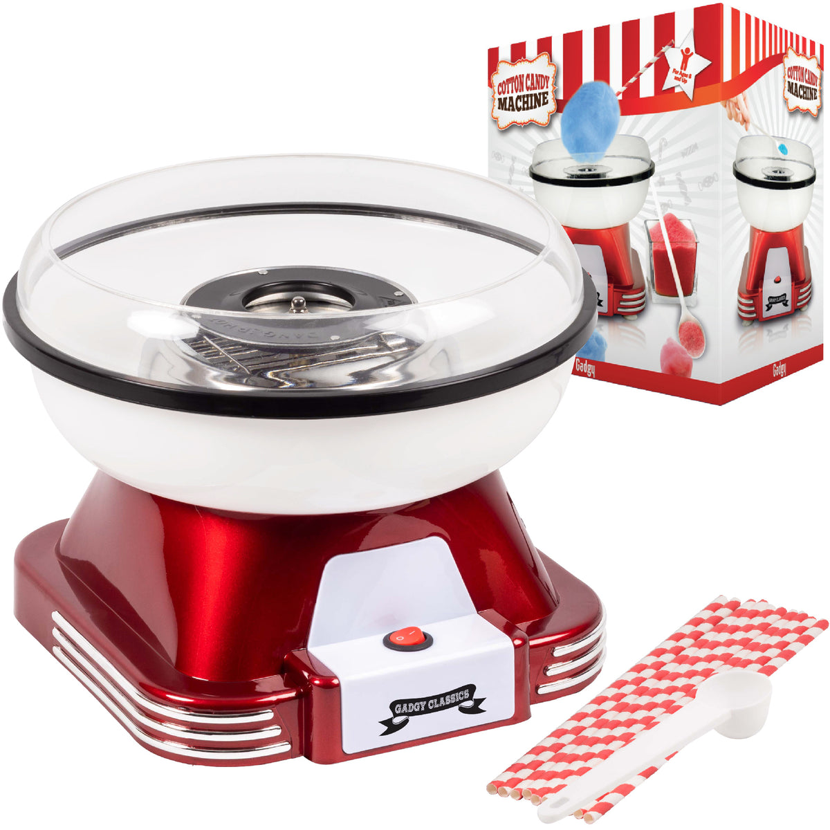 Gadgy Zuckerwattemaschine Retro, mit 10 Stäbchen und Messlöffel - Zuckerwattemaschine - Zuckerwatte - Kinderparty - Zuckerwatte - Zuckerwatte - Zuckerwattemaschinen