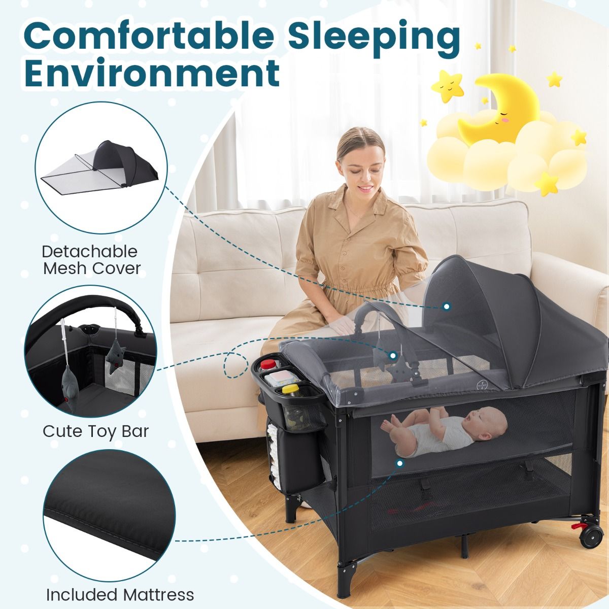 Coast 5-in-1-Babyreisebett mit 4 verstellbaren Höhen, Wickeltisch, Spielzeugstange und Tragetasche – 100 x 70 x 72 cm – Schwarz
