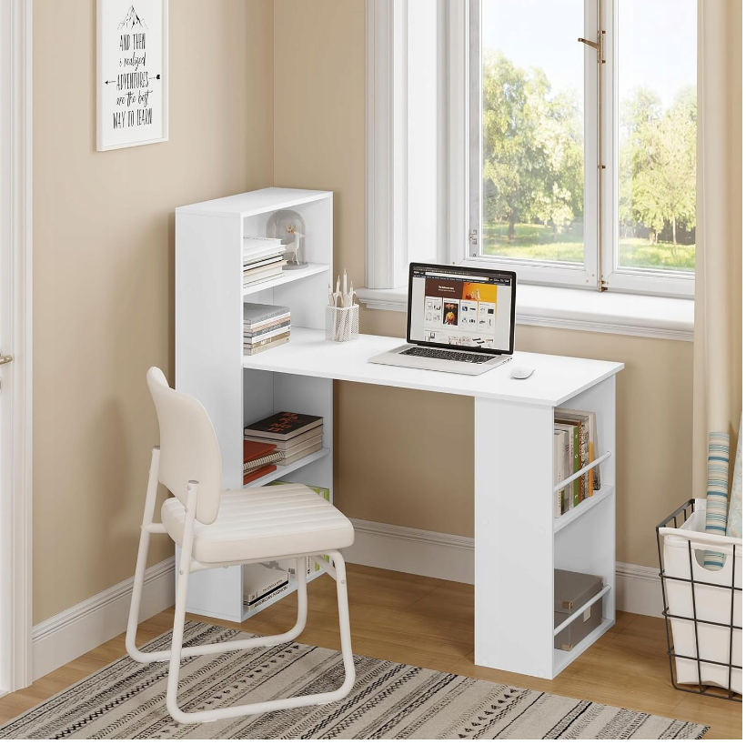 WOLTU Schreibtisch 122 x 55 x 120 cm – mit 6 Einlegeböden – MDF – Weiß