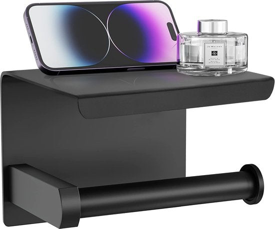 Strex Toilettenpapierhalter mit Ablage - Schwarz - Selbstklebend / Bohren / Kein Bohren - Toilettenpapierhalter - Toilettenpapierhalter