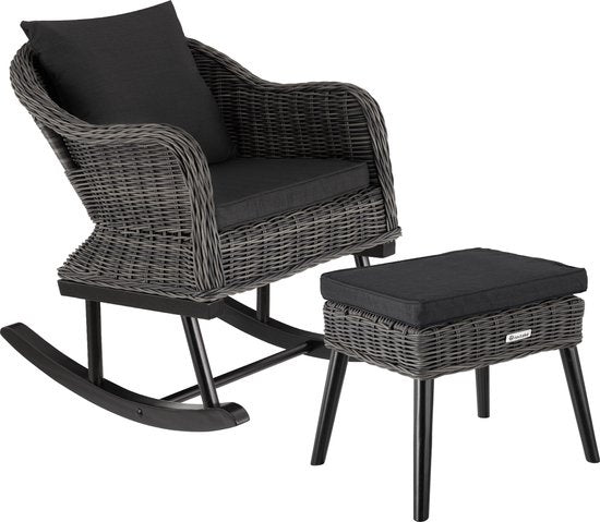 tectake - Flechtschaukelstuhl Rovigo mit Hocker Vibo - grau - Poly-Rattan