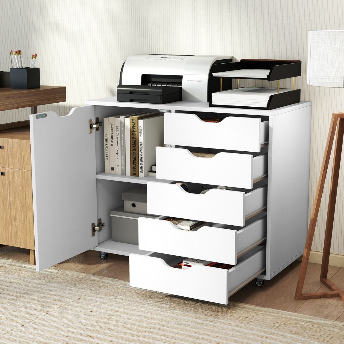 Coast Rollcontainer mit 5 Schubladen und Tür – verstellbares Einlegeboden – auf Rollen – weiß 78 x 40 x 65 cm