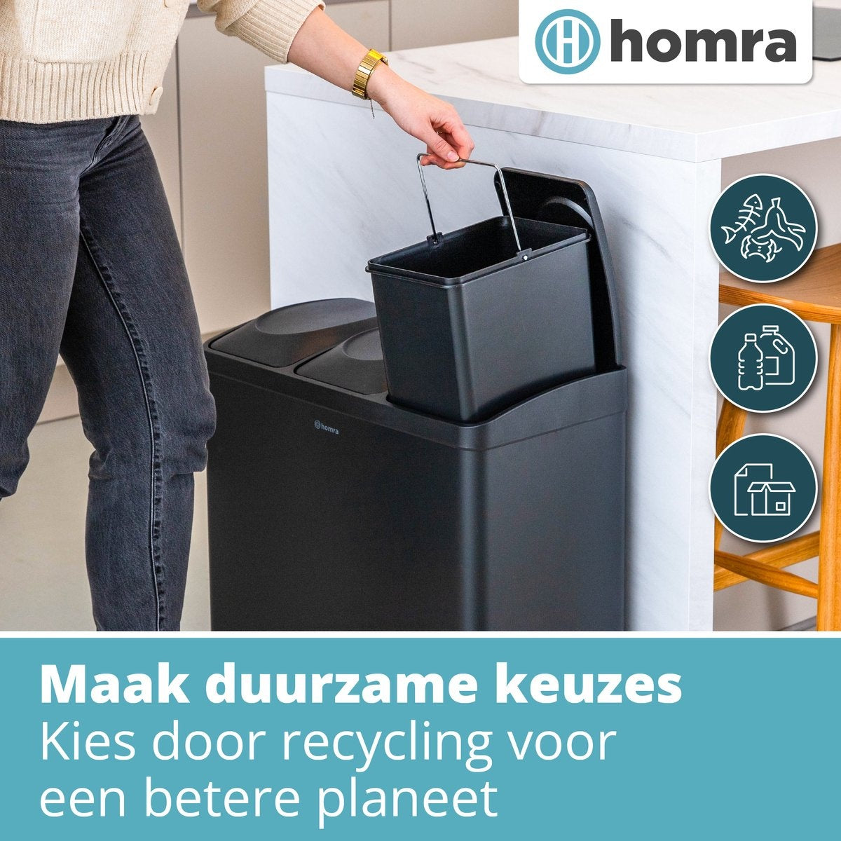 Homra MAXER Treteimer - Mülleimer 3 Fächer - Abfalleimer 60 Liter (3x 20L) - Trio-Eimer - Schwarz