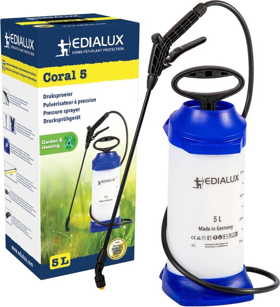 Edialux Coral 5-Liter-Drucksprühgerät, Drucksprühgerät für Reinigungs-, Desinfektions- und Gartenarbeiten, geeignet für Bleichmittel, Reinigungsessig, Herbizide, braune Seife, Soda, austauschbare Teile