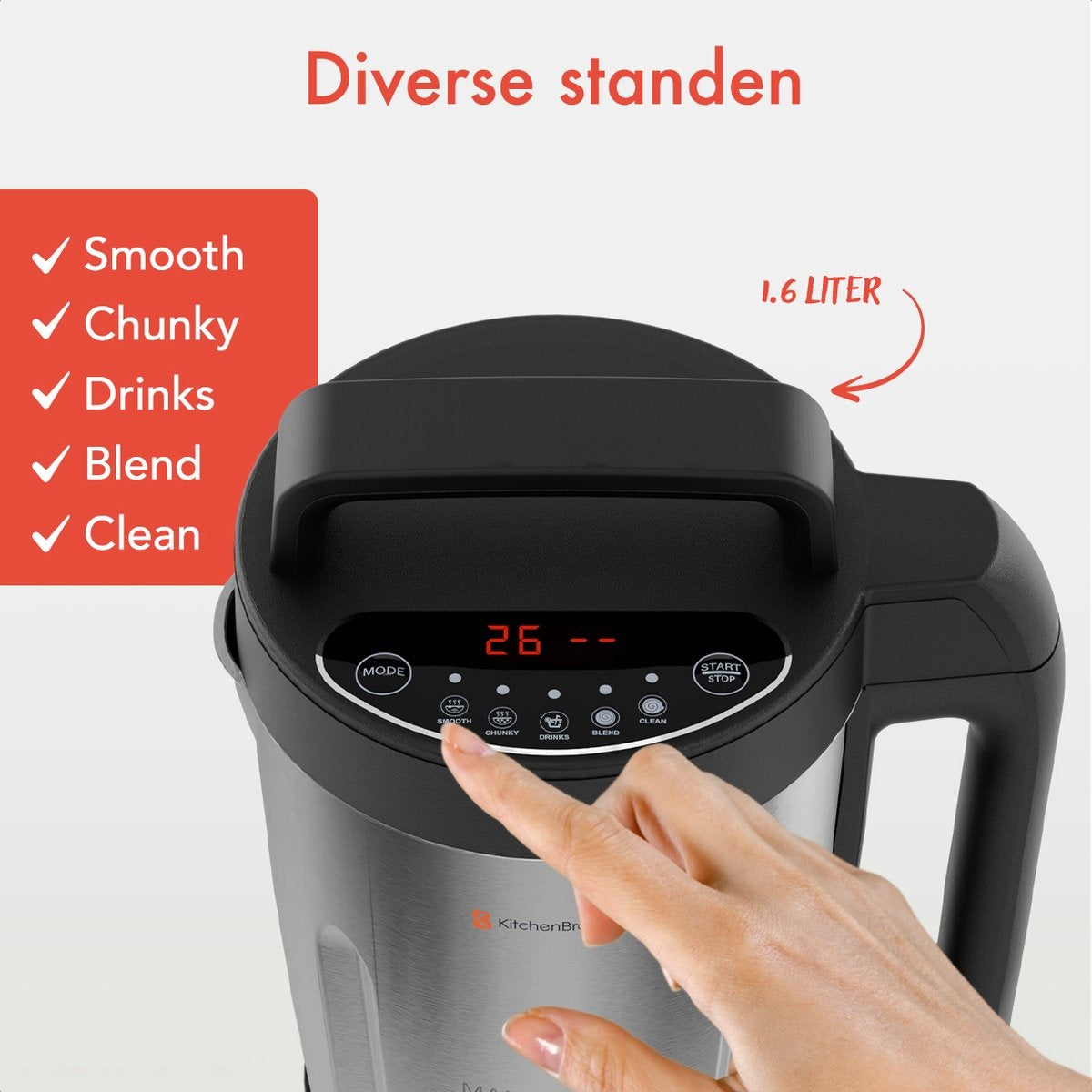 KitchenBrothers Suppenschöpfer - Mixer - bis zu 800W - 1.6L - Edelstahl/Schwarz