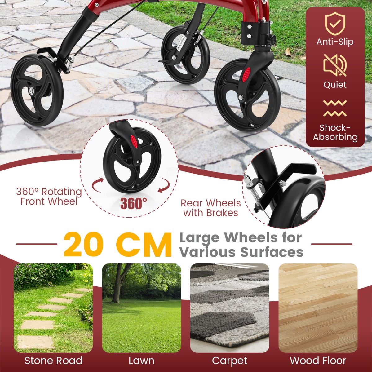 coast walker for seniors - Faltbarer Rollator Rot - Aluminiumrahmen - 78x67.5x86-96 cm - 20 cm Räder