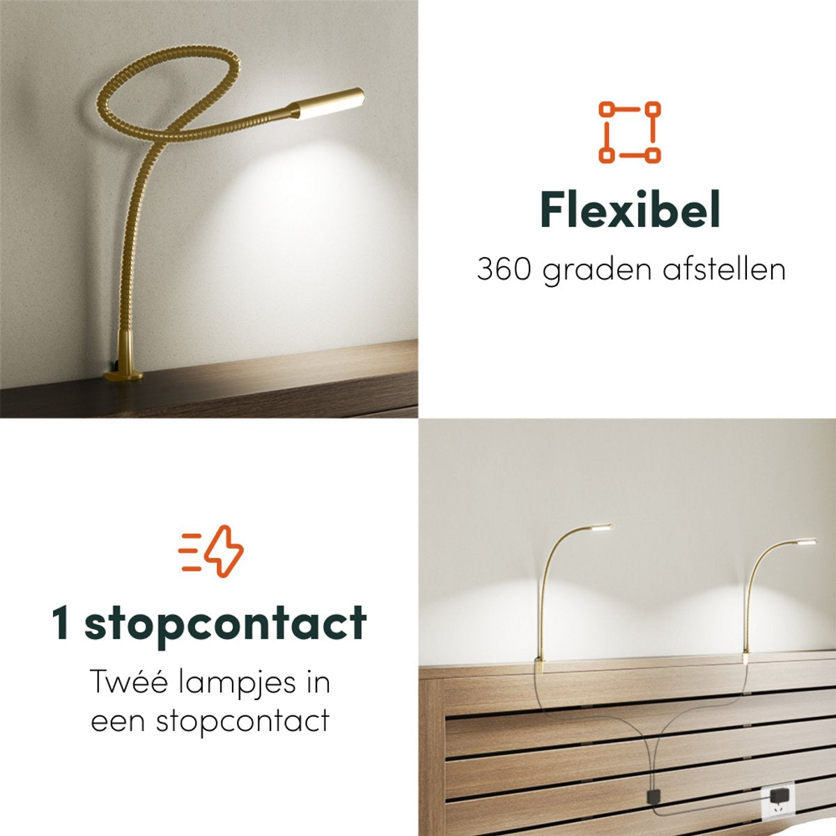 Nolt - Leselampe Bettleuchte - Dimmbare LED, 2er-Set, Klemme - Höhe 58 cm - Metall - Gold