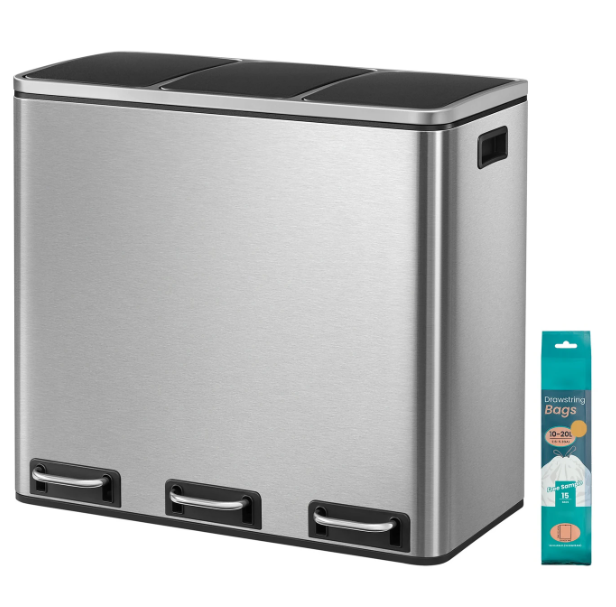 Joyfurnos Abfallbehälter mit 3 Fächern, 3 × 18 l – Silber & Schwarz – 61 × 31,5 × 55,5 cm