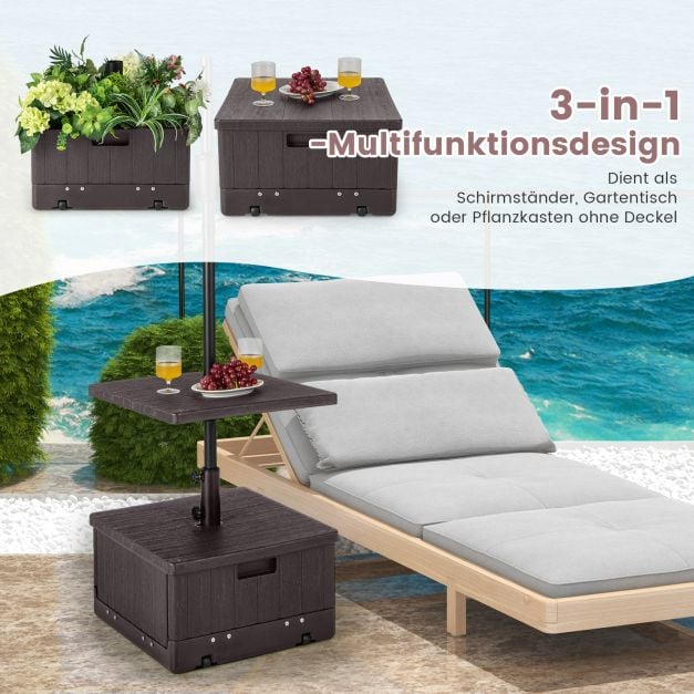 Coast 3-in-1-Sonnenschirmständer mit Tischplatte und Rollen – Befüllbarer Sonnenschirmständer für Ø 38/48 mm – Schwarz/Braun