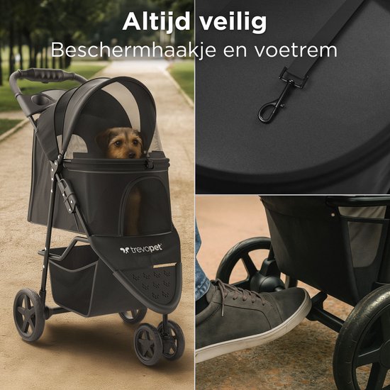 TrevoPet® Zusammenklappbarer Hundebuggy - für kleine und mittelgroße Hunde bis 15 kg - wasserabweisend mit Becherhalterung, Aufbewahrungskorb - Schwarz