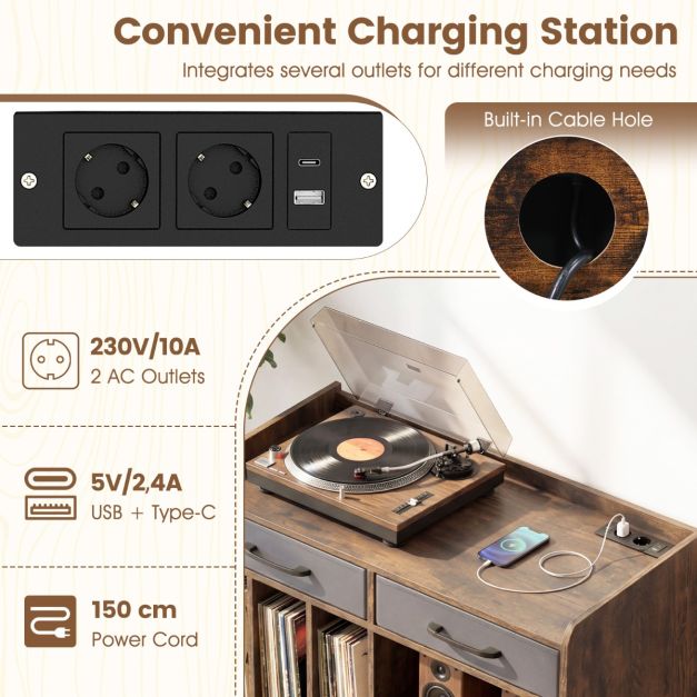 Coast Plattenshelf mit Steckdose, USB und Typ-C – Plattenspielertisch mit 3 Fächern für Schallplatten, 2 Stoffschubladen und verstellbaren Einlegeböden – 76 × 35,5 × 68,5 cm – Braun
