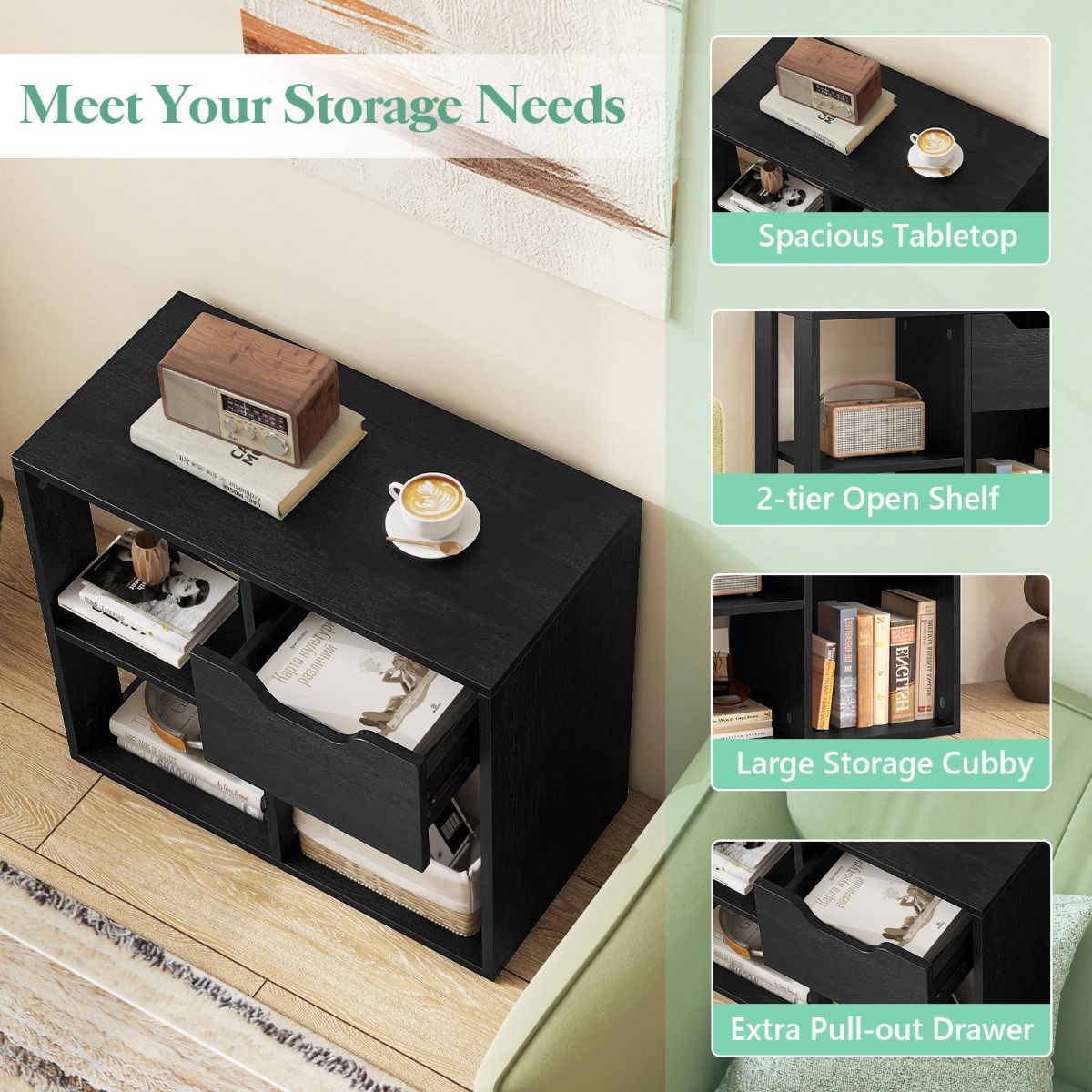 Coast Bücherregal aus Holz mit Schublade – 3 offene Fächer – schwarz – 60 x 30 x 53 cm