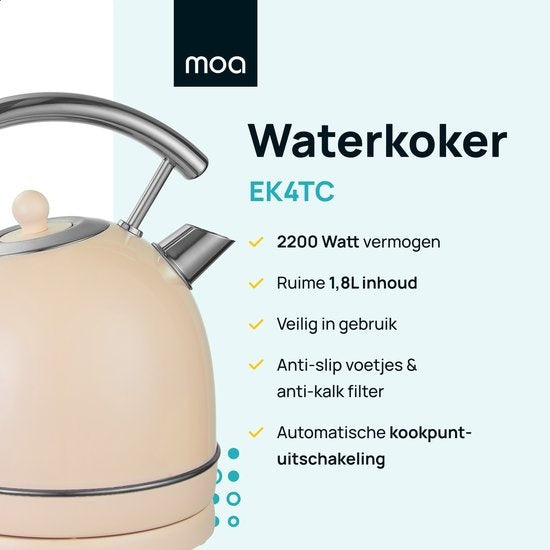MOA Retro-Wasserkocher Pastellcreme - Elektrisch - Edelstahl - EK4TC