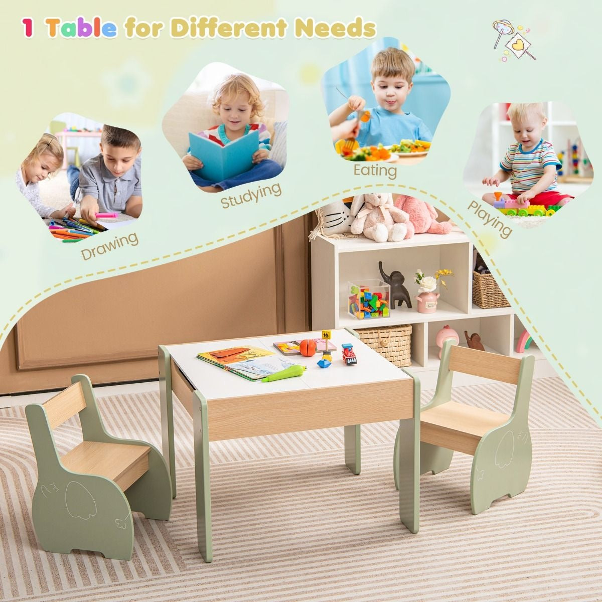 Coast Kindertisch mit Stuhl - 3 Stück - 2 Stühle - abnehmbare Platte - 63,5 x 61,5 x 48cm - grün