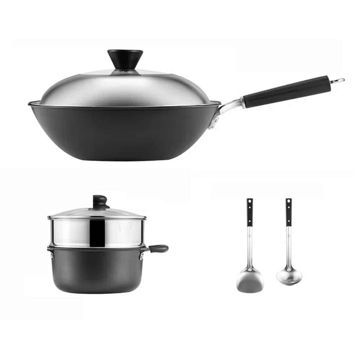 Cooker King 5-teiliges Kochgeschirrset – Wok aus Gusseisen 4,5 l – Kochkessel aus Aluminium 3 l – Dämpfeinsatz aus Edelstahl – 2 Pfannenwender