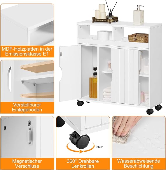Yaheetech Badezimmerschrank 69,5 x 20 x 71,5 cm – Schiebetüren – Rollen – Weiß
