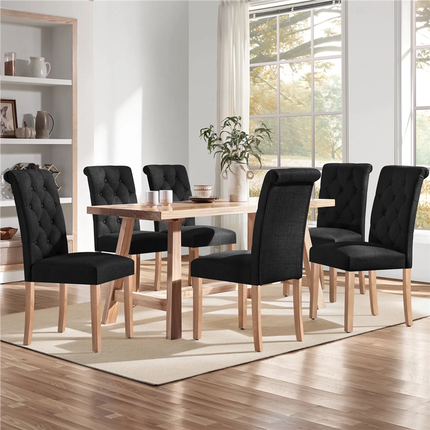 Yaheetech Esszimmerstuhl mit hoher Rückenlehne 2 Stück - Mit gepolsterter Rückenlehne und massiven Eichenbeinen und verstellbaren Schutzbeinen - Für Küche und Restaurant - Schwarzes Polyester und Eiche - 45,5 x 62 x 98,5 cm