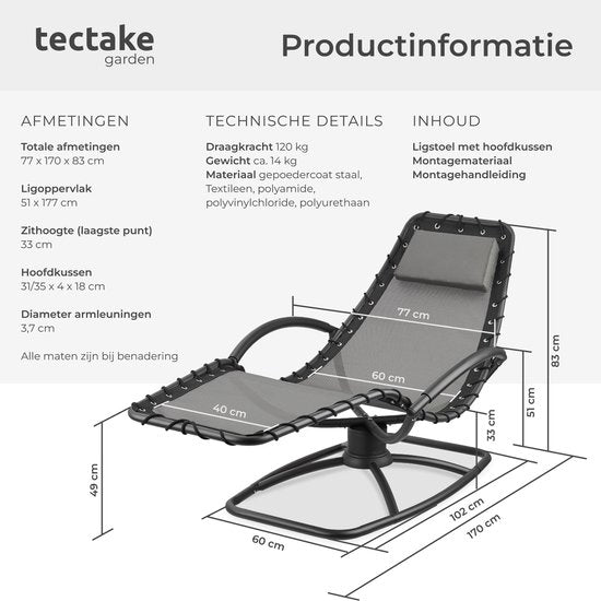 Tectake - Liege Toulon - Ergonomisch - mit Schaukelfunktion - Verstellbar - mit Kopfkissen und bequemen Armlehnen - 120kg belastbar - Grau