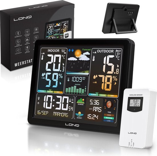 LONQ Innen- und Außenwetterstation Q5 - Inkl. Batterien - Funkwetterstation mit Außensensor - Thermometer Hygrometer - Farbdisplay - DCF-gesteuerte Uhr