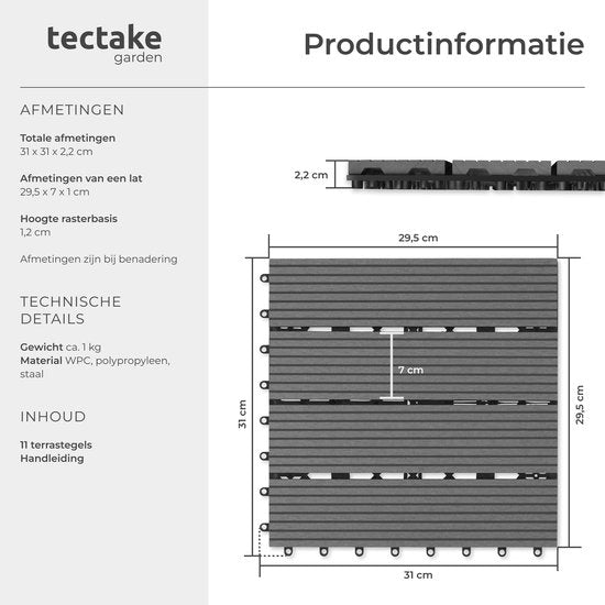 tectake WPC-Holzfliesen - Fliesen in Holzoptik - Witterungsbeständig - Bodenbelag für den Außenbereich - Bodenfliesen - Balkonboden - Terrassenfliesen mit Klicksystem - Drain - Set mit 11 Stück - Grau