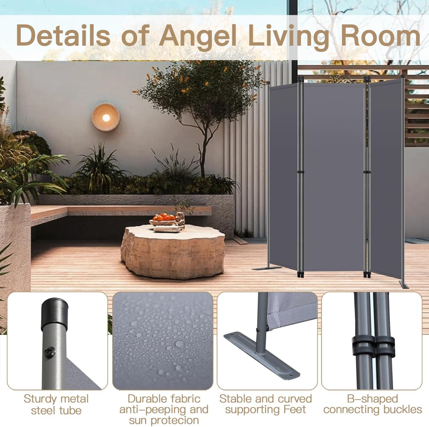 Angel Living - Paravent 3-teilig - Stilvoller Raumteiler & Sichtschutz - Stabiler Stahlrahmen - Polyesterstoff - Grau