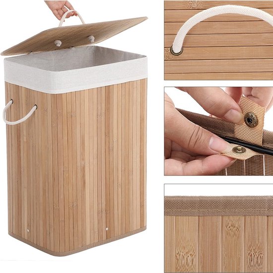 Songmics XL 72 Liter – Großer, zusammenklappbarer Wäschekorb – Bambus – waschbares Innenfutter – 40 x 30 x 60 cm