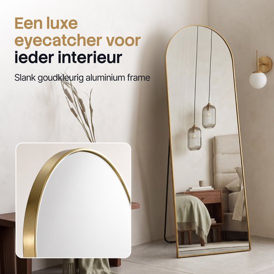 Infinity Goods Ganzkörperspiegel – 160 x 60 cm – Design-Wandspiegel – Standspiegel mit Metallrahmen – zur Aufhängung – Ankleidezimmerspiegel – abgerundet – modern – goldfarben