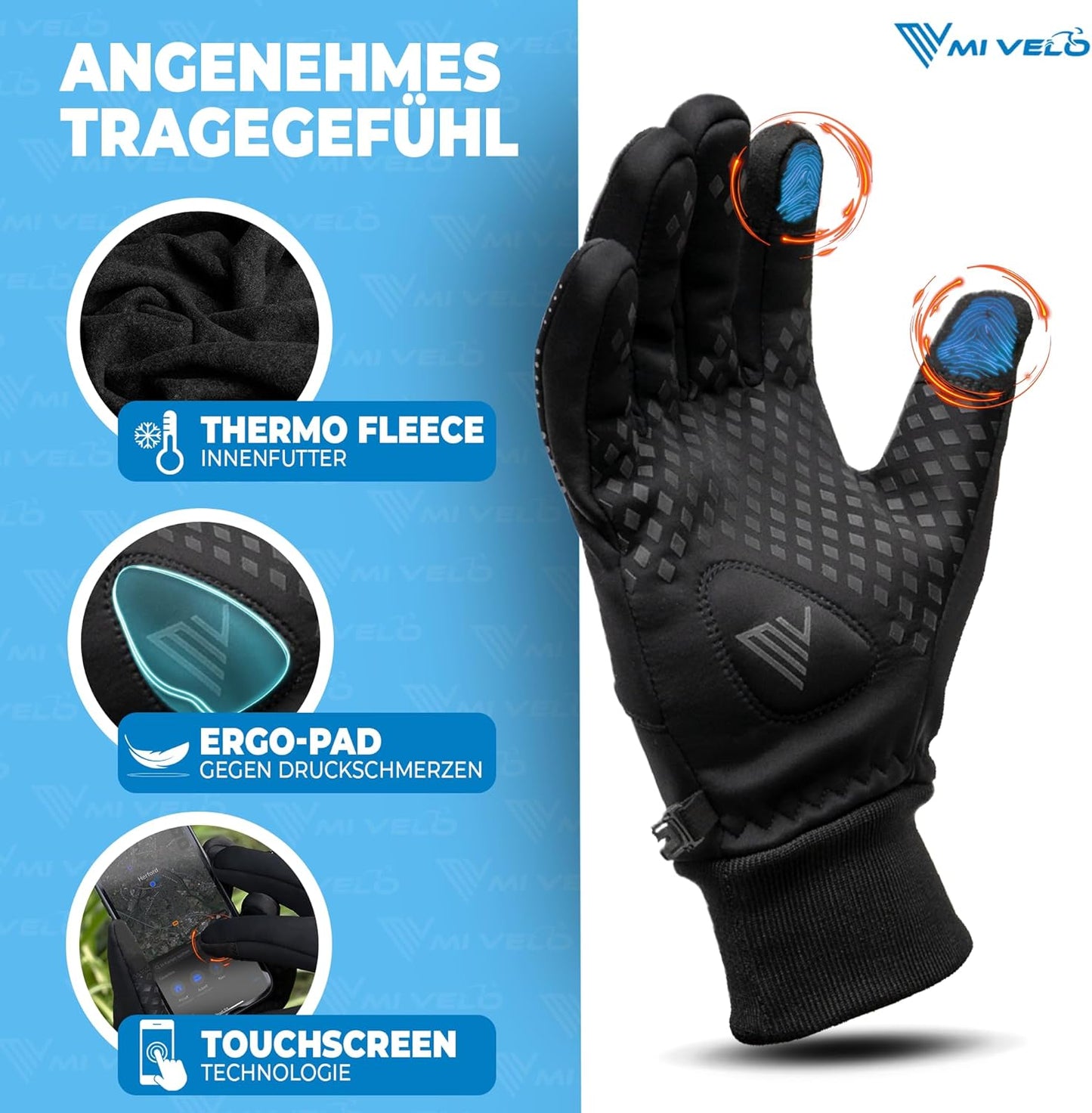 MIVELO Cycling Handschuhe VELORIDER - Wind- und wasserdicht - Funktioniert mit Touchscreens - Schwarz - Größe XL