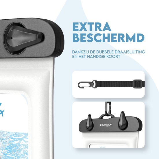 Travelly® Wasserdichte Handytasche 2er Set - Universelle Unterwassertasche für Smartphone - Geeignet für alle Handys - Drybag - Für Urlaub, Schwimmen & Wassersport - Transparent/Weiß