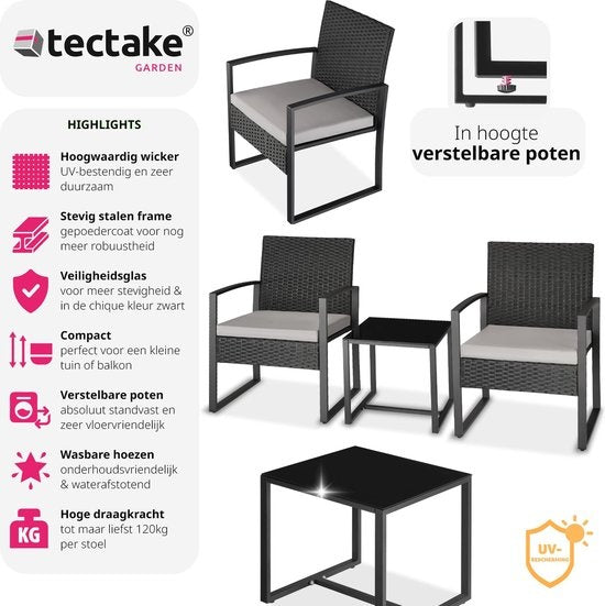 tectake - Geflechtsitzgruppe 2x Sessel mit Tisch, Balkonmöbelset, Gartenmöbel, Balkonmöbel, kleine Lounge, gepolsterte Stühle inklusive Gartentisch, wetterfest - schwarz - Poly-Rattan