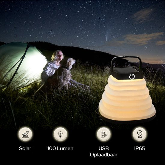 Tech Essentials Solar LED Laterne - faltbar - schwarz - Zeltlampe - Led Lampe wiederaufladbar - Camping - Notfall - Sturm - Hängelampe - Solarenergie