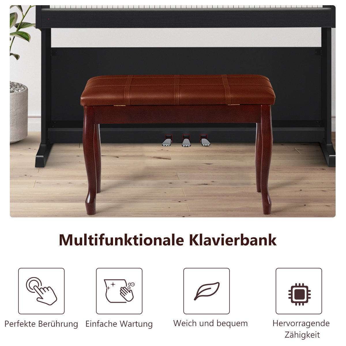 Coast Klavierbank mit Notenfach Klavierhocker aus Massivhoz 75 x 35 x 49 cm braun