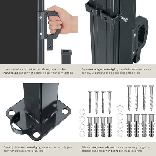 tectake® Ausziehbarer Windschutz mit Aufrollmechanismus – 300 x 200 cm – Seitenmarkise mit Aluminiumrahmen – Sonnenschutz – Gartenschutz – Schwarzer Balkon-Sonnenschutz – Undurchsichtiger Sichtschutz – Markisentuch
