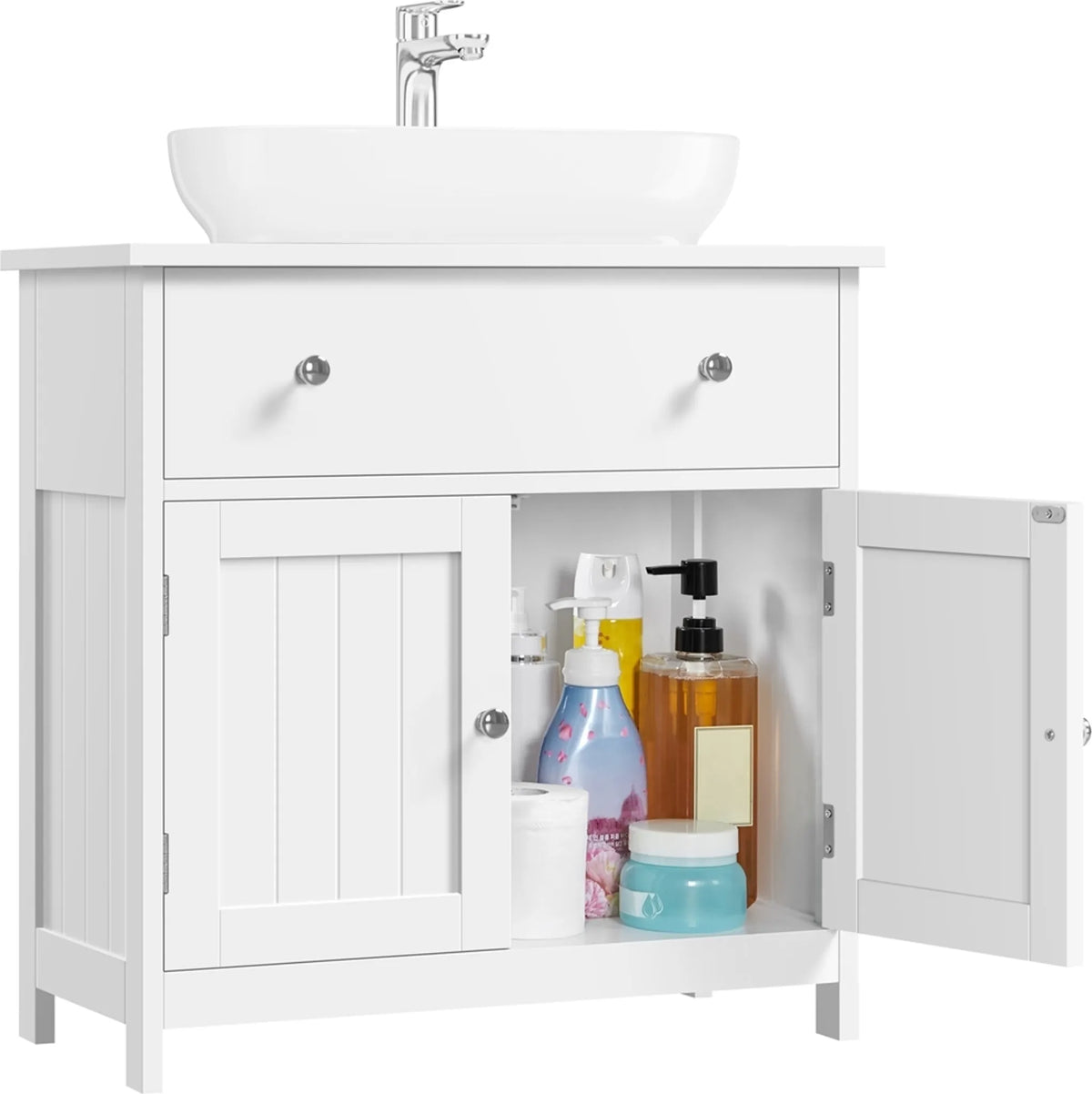 Badezimmerschrank mit Schublade und 2 Türen im Landhausstil, weiß, 60 × 30 × 60 cm