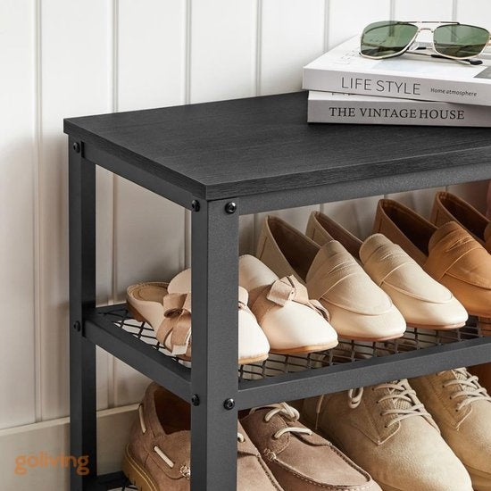 Goliving Schuhablage - Schuhbank - Flurbank - Industrial - 30 x 80 x 45 cm - Metall - Schwarzes Holz
